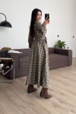 Beli Bağlamalı Ekose Elbise Haki - Görsel 4