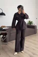 Çıtçıtlı Gabardin Takım Kahverengi