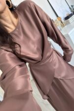 Floş Saten Etek Takım Kahverengi - Görsel 3