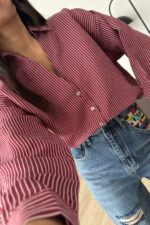 V Yaka Çizgili Oversize Gömlek Bordo - Görsel 3