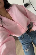 V Yaka Çizgili Oversize Gömlek Pembe - Görsel 3