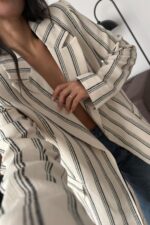 Çizgili Keten Ceket Taş Lacivert - Görsel 3