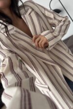 Çizgili Keten Ceket Taş Bordo - Görsel 2