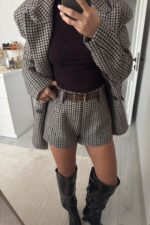 Vatkalı Kazayağı Şortlu Ceket Takım Kahverengi - Görsel 4