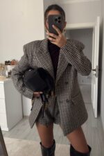 Vatkalı Kazayağı Şortlu Ceket Takım Kahverengi - Görsel 2