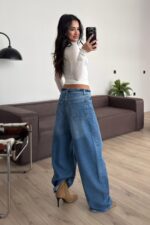 Beli Katlamalı Orta Mavi Baggy Jean - Görsel 4