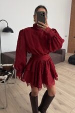 Rey Vatkalı Güpür Detaylı Elbise Kırmızı - Görsel 2