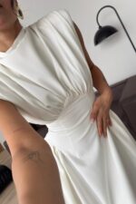 Lou Vatkalı Belden Oturtmalı Elbise Beyaz - Görsel 3