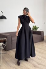 Lou Vatkalı Belden Oturtmalı Elbise Siyah