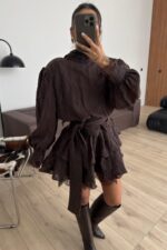 Rey Vatkalı Güpür Detaylı Elbise Kahverengi - Görsel 2