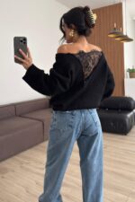 Arkası Dantel Detaylı Kazak Siyah - Görsel 3