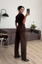 Asimetrik Belden Oturtmalı Pantolon Takım Kahverengi - Görsel 4
