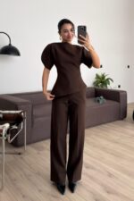 Asimetrik Belden Oturtmalı Pantolon Takım Kahverengi