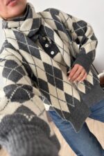 Atkılı Polo Yaka Baklava Desenli Kazak Gri - Görsel 3