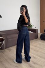 Ekose Desenli Wide Leg Lacivert Jean - Görsel 4