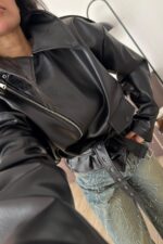 Çapraz Fermuarlı Deri Ceket Siyah - Görsel 3