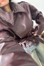 Çapraz Fermuarlı Deri Ceket Bordo - Görsel 4