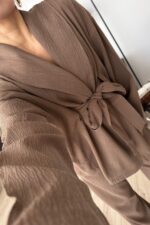 Gofre Kumaş Kimono Takım Kahverengi - Görsel 3