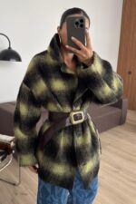 Ekose Kemerli Yünlü Kısa Kaban Yeşil - Görsel 2