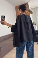 Uçuşan Pelerin Bluz Siyah - Görsel 3