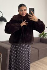 Yakası Kürklü Fermuarlı Peluş Ceket Kahverengi