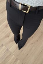 Beli Kemerli İspanyol Paça Kumaş Pantolon Siyah - Görsel 3
