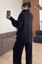 Düğmeli Dik Yaka Triko Takım Siyah - Görsel 4