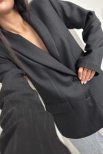 Çizgili Şallı Blazer Ceket Siyah - Görsel 5