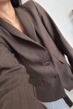 Çizgili Şallı Blazer Ceket Kahverengi - Görsel 4