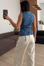 Beli Bağlamalı Mavi Kot Yelek - Görsel 3