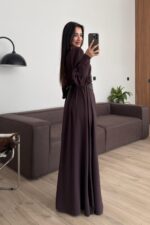 Deri Kemerli Manşet Kol Elbise Kahverengi - Görsel 4