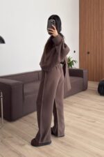 Yarasa Kol Pelerin Detaylı Pantolon Takım Kahverengi - Görsel 5