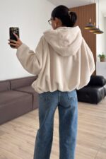 Fermuarlı Kapşonlu Peluş Hırka Ekru - Görsel 3