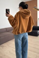 Fermuarlı Kapşonlu Peluş Hırka Taba - Görsel 3