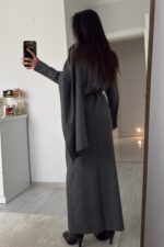 Manşet Kol Yakası Şallı Gömlek Etek Takım Antrasit - Görsel 5