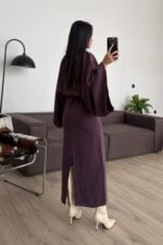 Massi Geniş Kollu Belden Bağlamalı Elbise Mürdüm - Görsel 4