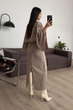 Massi Geniş Kollu Belden Bağlamalı Elbise Taş - Görsel 4