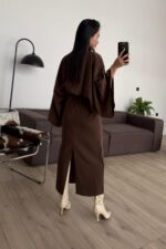 Massi Geniş Kollu Belden Bağlamalı Elbise Kahverengi - Görsel 4