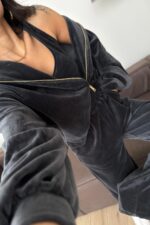 Kadife Hırka Crop Pantolon Takım Füme - Görsel 4