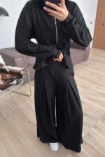 Pantolonu Pileli Bol Paça Hırka Takım Siyah - Görsel 2