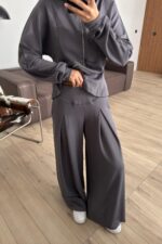 Pantolonu Pileli Bol Paça Hırka Takım Antrasit - Görsel 2