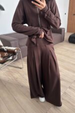 Pantolonu Pileli Bol Paça Hırka Takım Kahverengi - Görsel 2