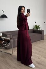 Pantolonu Pileli Bol Paça Hırka Takım Bordo - Görsel 3