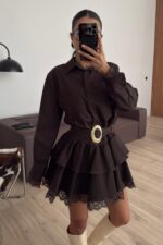 Güpür Detaylı Gold Tokalı Denim Kahve Elbise - Görsel 2