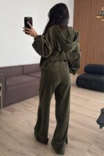 Kadife Hırka Crop Pantolon Takım Haki - Görsel 3