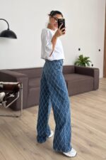 Wide Leg Baklava Taşlı Mavi Jean - Görsel 4