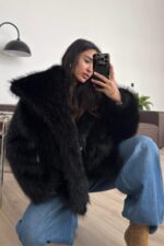 Hakim Yaka Işıltılı Kürk Siyah