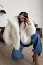 Hakim Yaka Işıltılı Kürk Ekru