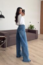 Dalgalı Taşlı Geniş Paça Mavi Jean - Görsel 4