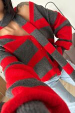 Çizgili Atkılı Triko Hırka Kırmızı - Görsel 2